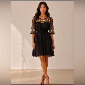 True Destiny Black Midi Dress with Floral Embroidery